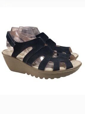 Skechers Sandals Womens 10 Black Parallel Stylin Suede Slingback Wedge Shoes